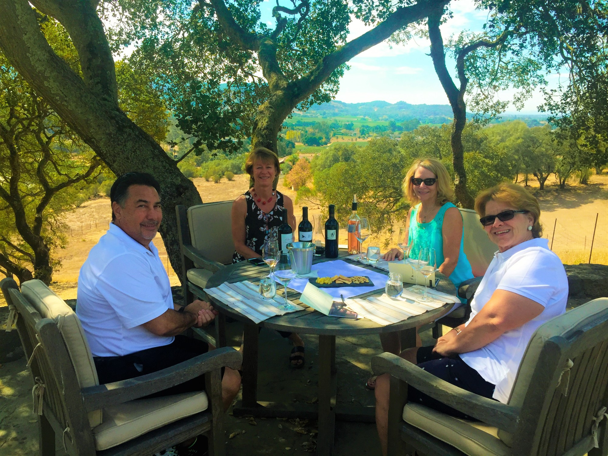 wine tasting a man and a woman sitting at a picnic table