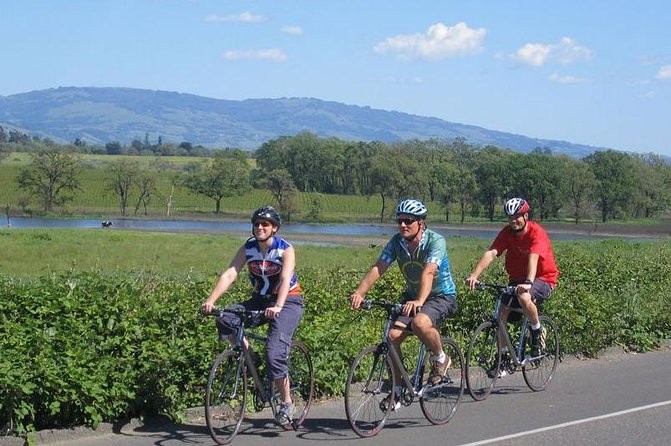 Three individuals cycling along a road beside a river, enjoying a sunny day outdoors. a group of people riding on e-bikes